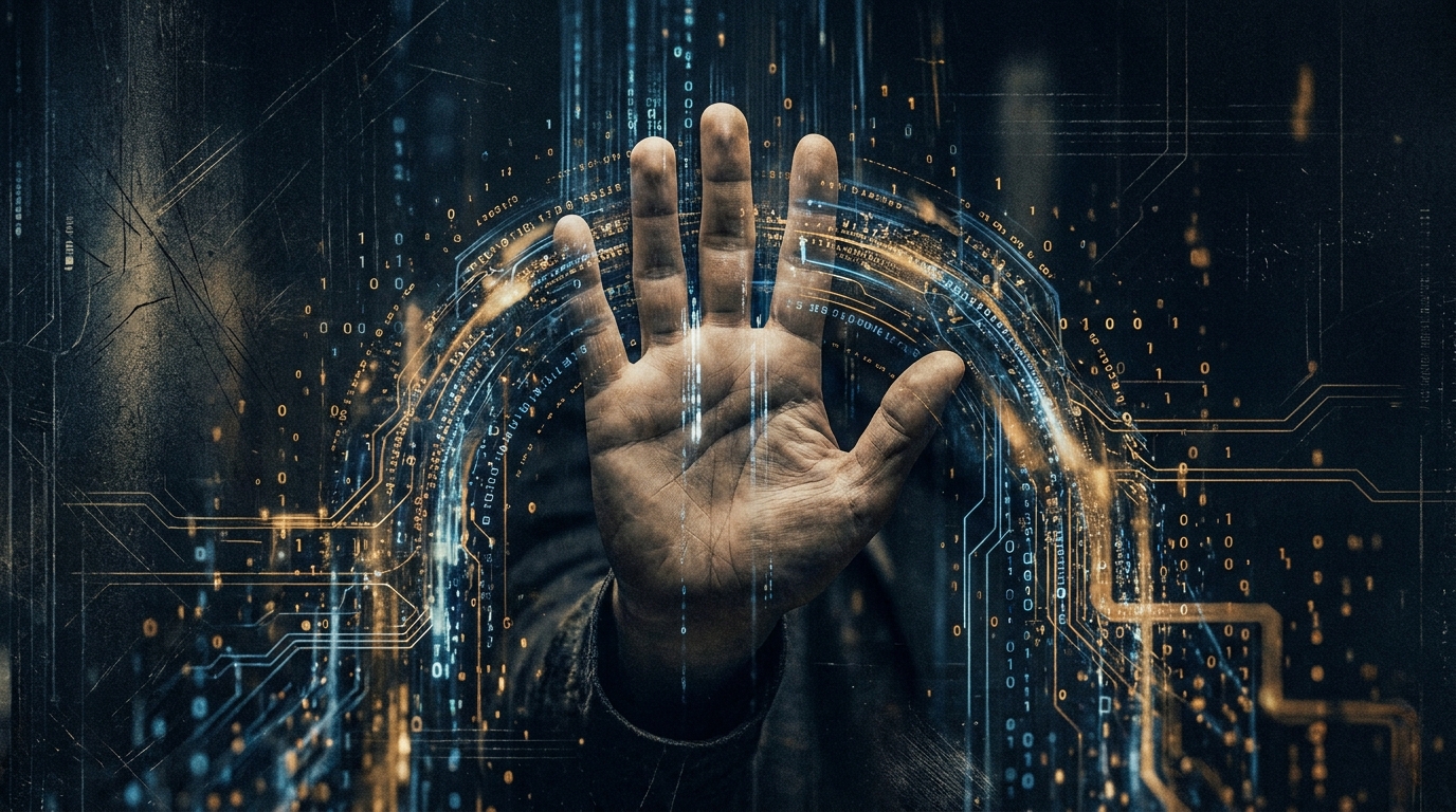 The Human-in-the-Loop Crisis — a human hand held up as a gate amid flowing data streams