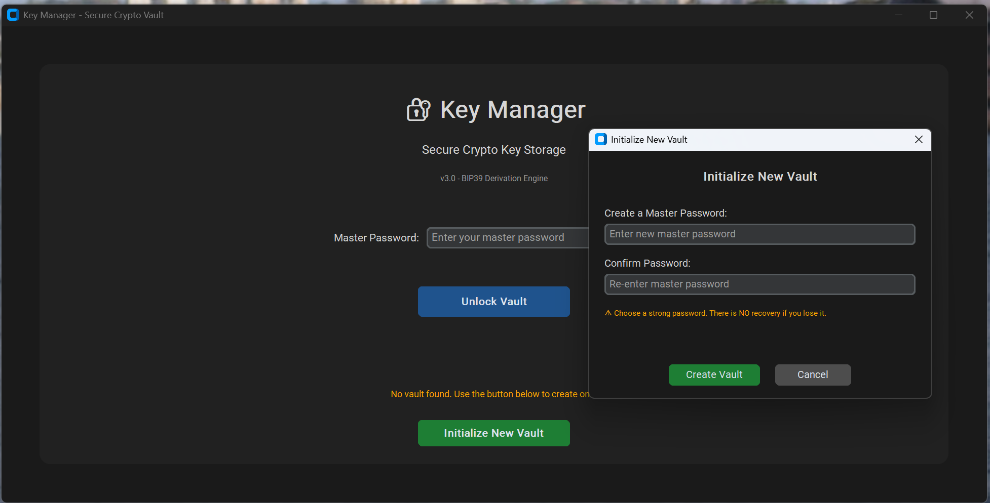 ColdStack Vault Initialisation — Create your master password