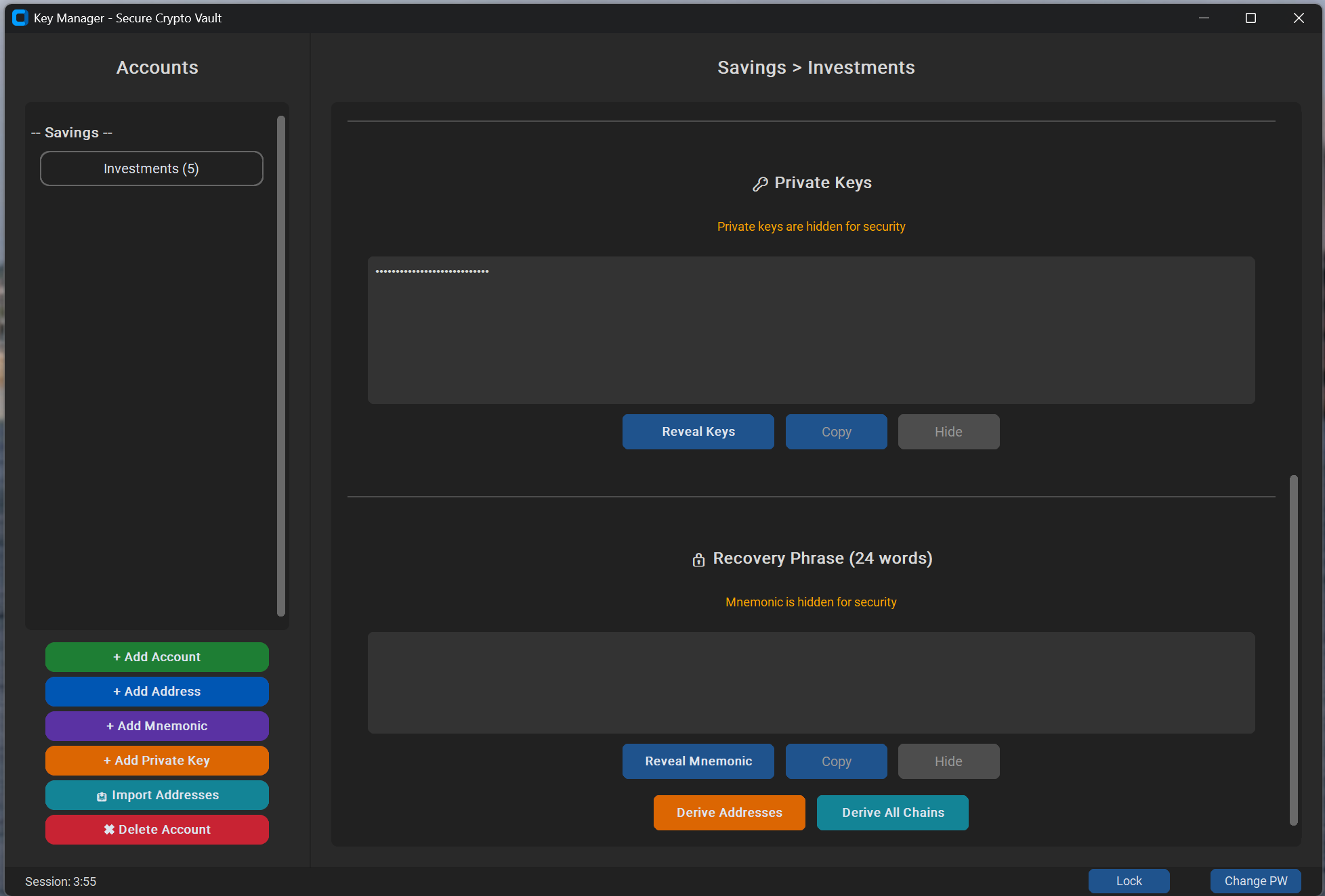 ColdStack Private Key Vault — Encrypted, masked by default
